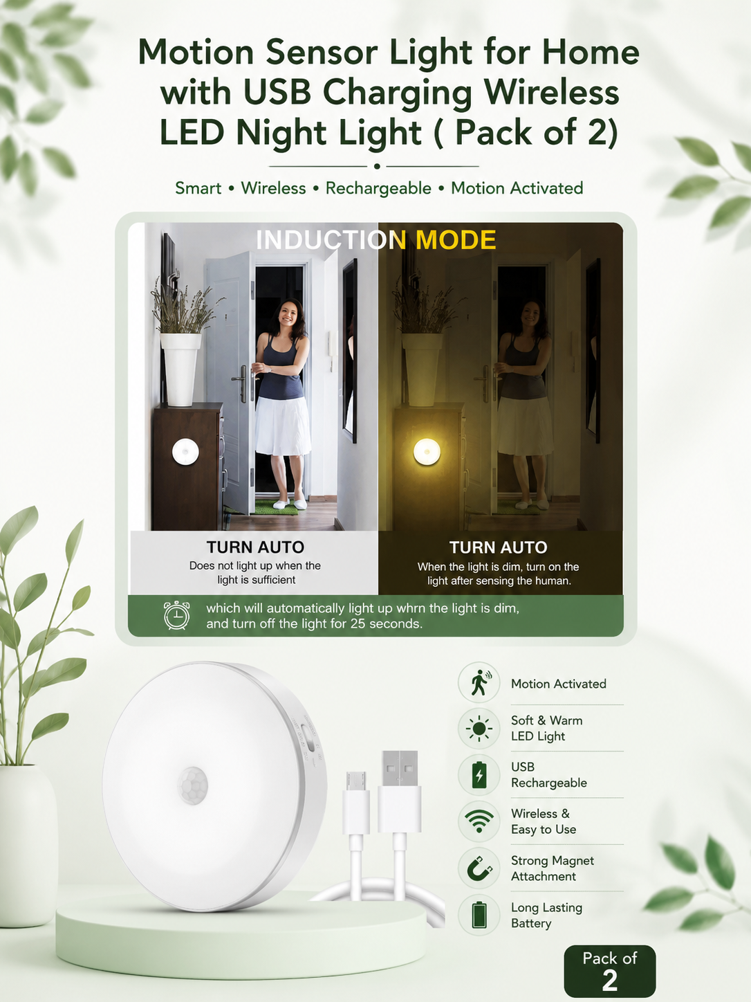 Motion Sensor Light for Home with USB Charging Wireless LED Night Light ( Pack of 2)
