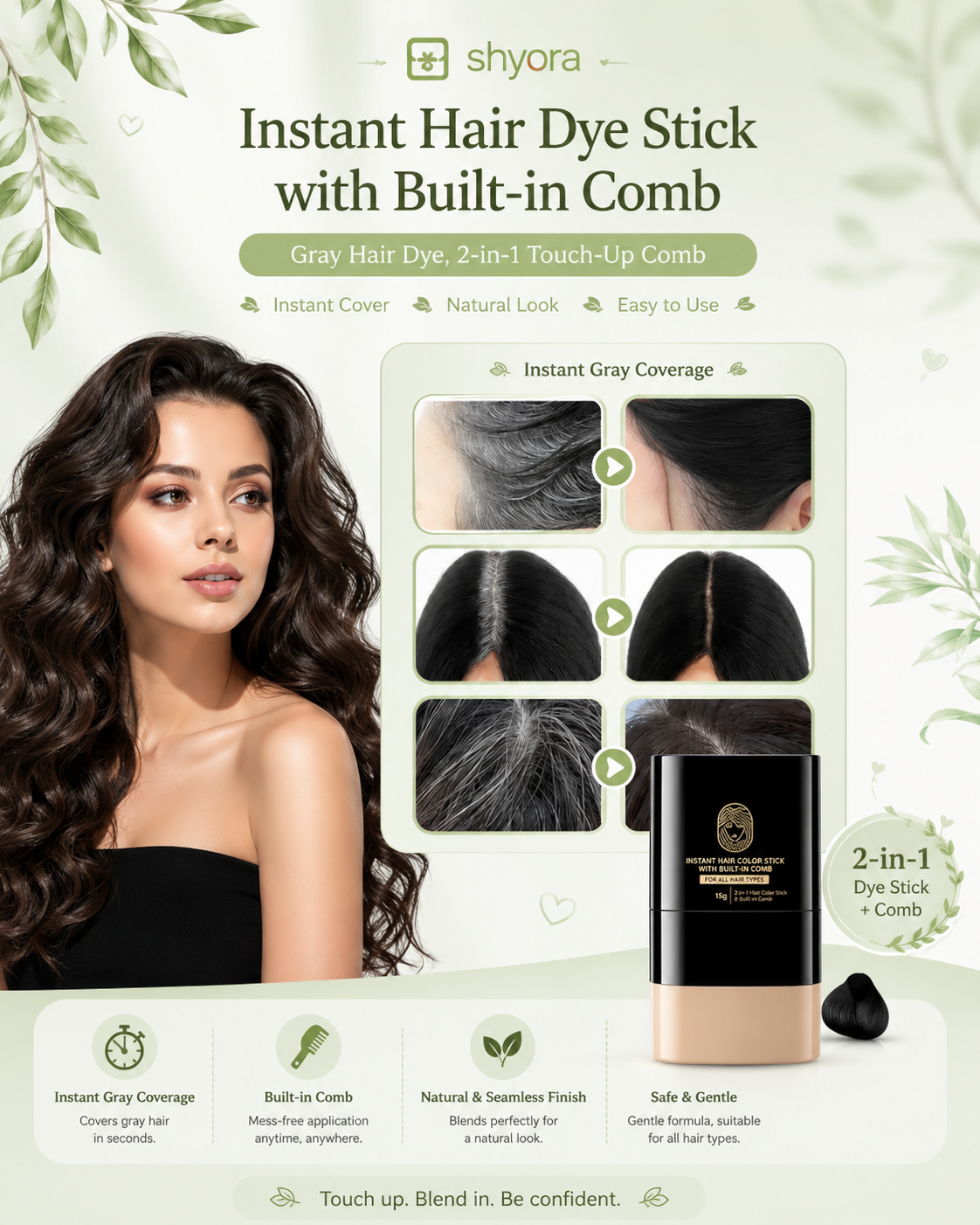 Instant Hair Dye Stick with Built-in Comb, Gray Hair Dye, 2-in-1 Touch-Up Comb