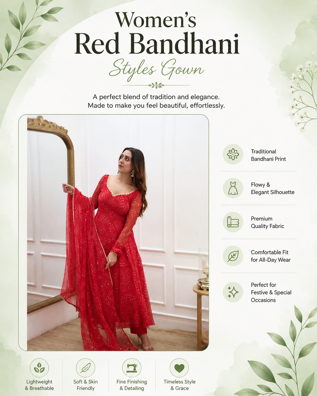 SHYORA  Red Bandhani gown