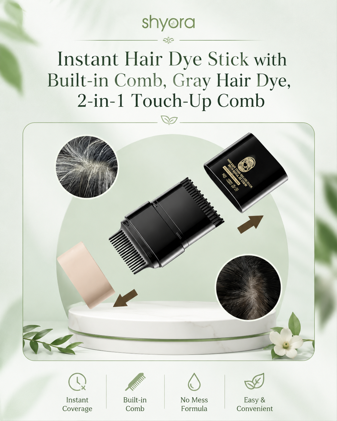 Instant Hair Dye Stick with Built-in Comb, Gray Hair Dye, 2-in-1 Touch-Up Comb