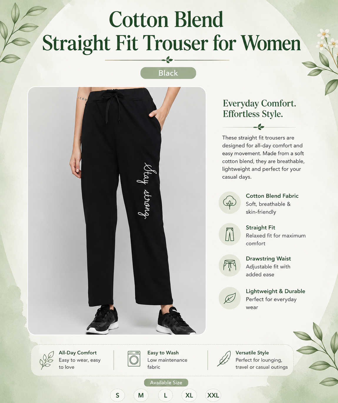 Cotton Blend Straight Fit Trouser for Women (Black, M)