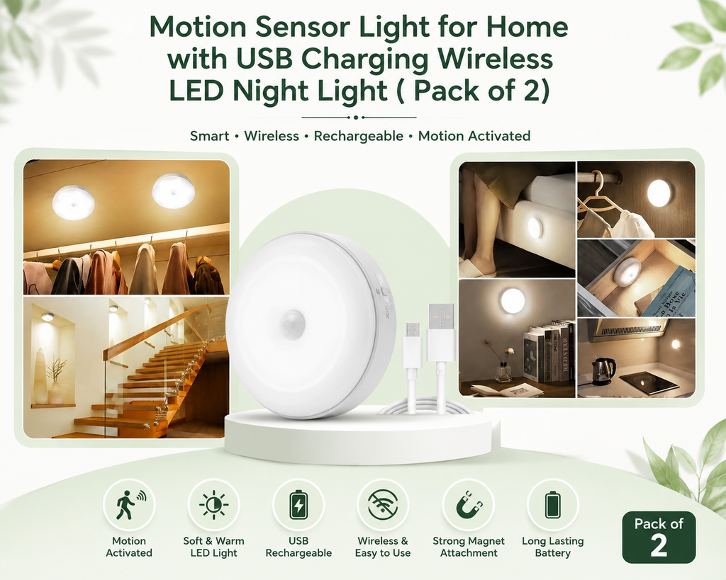 Motion Sensor Light for Home with USB Charging Wireless LED Night Light ( Pack of 2)