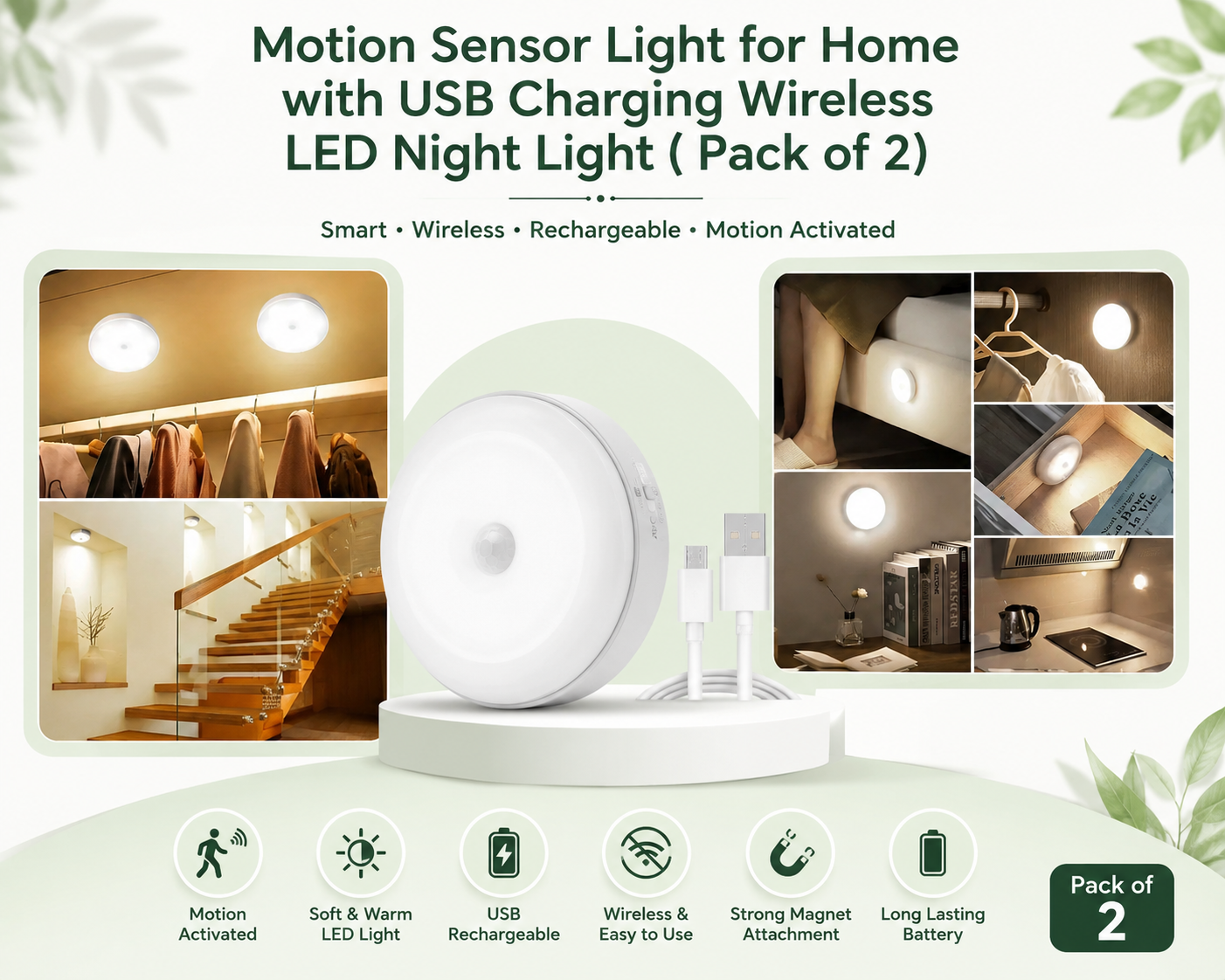 Motion Sensor Light for Home with USB Charging Wireless LED Night Light ( Pack of 2)